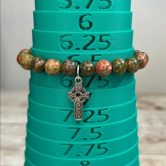Unakite Stone Beaded Bracelet with Cross Charm - Picture 8 of 8